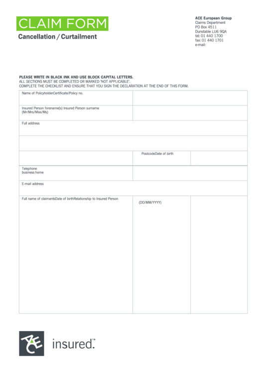 Claim Form - Cancellation/curtailment Printable pdf