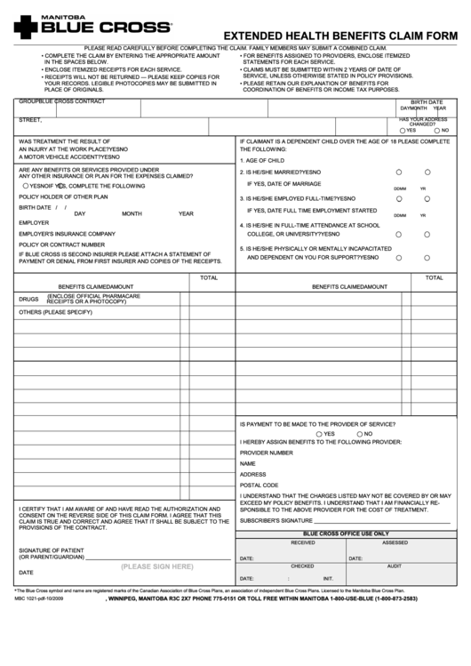 Fillable Form Mbc 1021 - Extended Health Benefits Claim Printable pdf