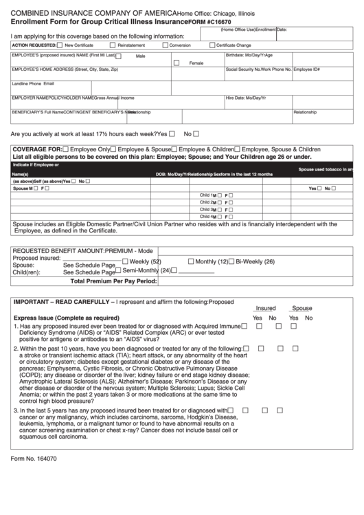 Combined Insurance Company Of America Enrollment Form Printable pdf