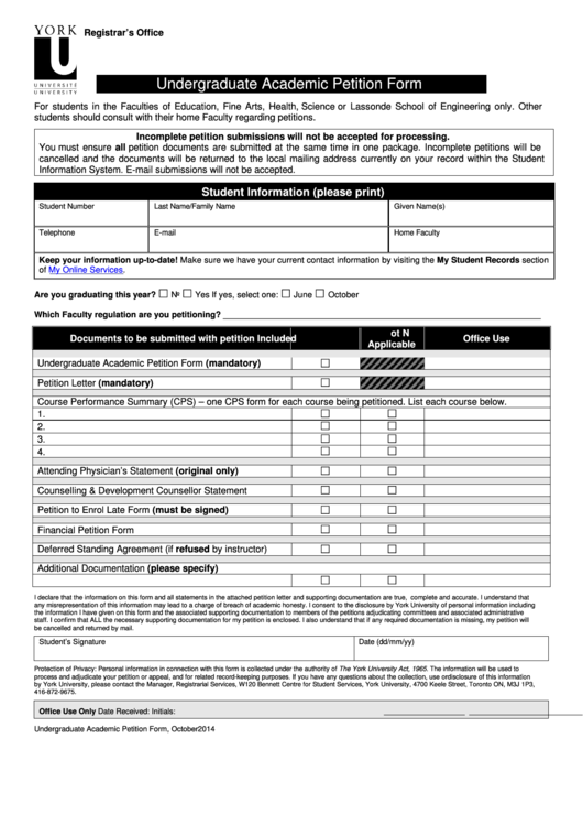 Fillable 2014 Undergraduate Academic Petition Form Printable pdf