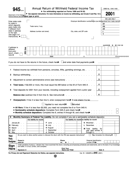 Fillable Form 945 - Annual Return Of Withheld Federal Income Tax - 2001 Printable pdf
