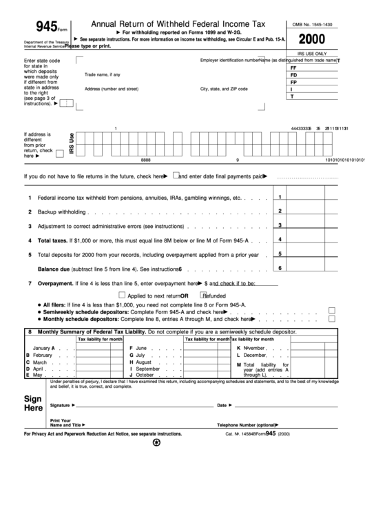Form 945 - Annual Return Of Withheld Federal Income Tax - 2000 Printable pdf