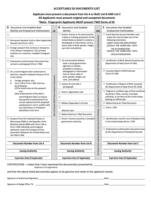 Fillable Acceptable Id Documents List Printable pdf