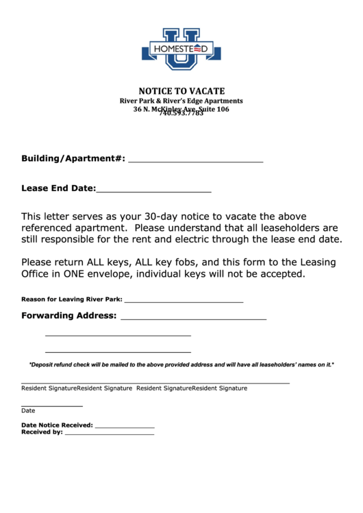 Notice To Vacate - 30-Day Notice To Vacate Printable pdf
