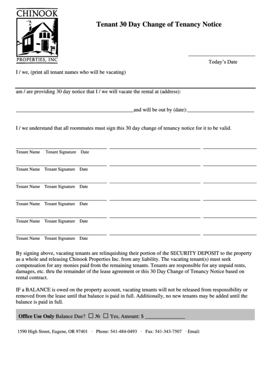 Tenant 30 Day Notice To Vacate Rental - Chinook Properties Printable pdf