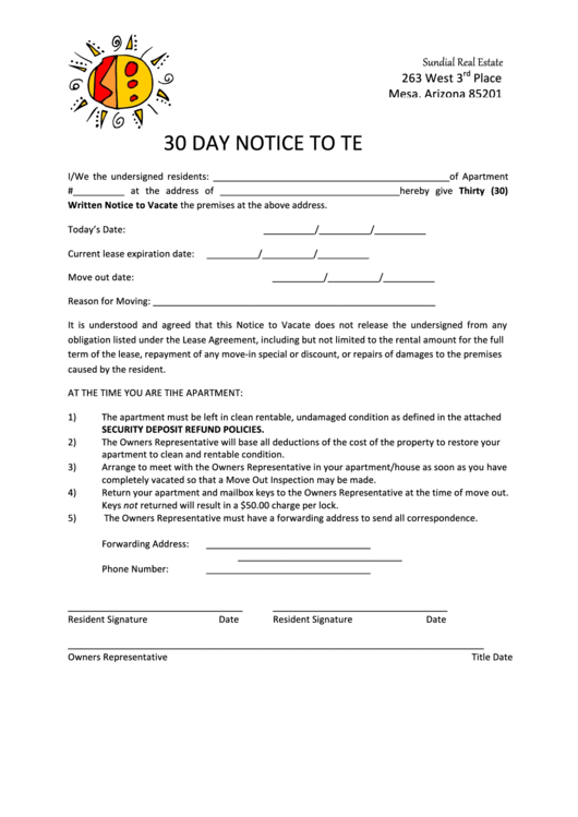30-Day Notice To Vacate - Sundial Real Estate Printable pdf