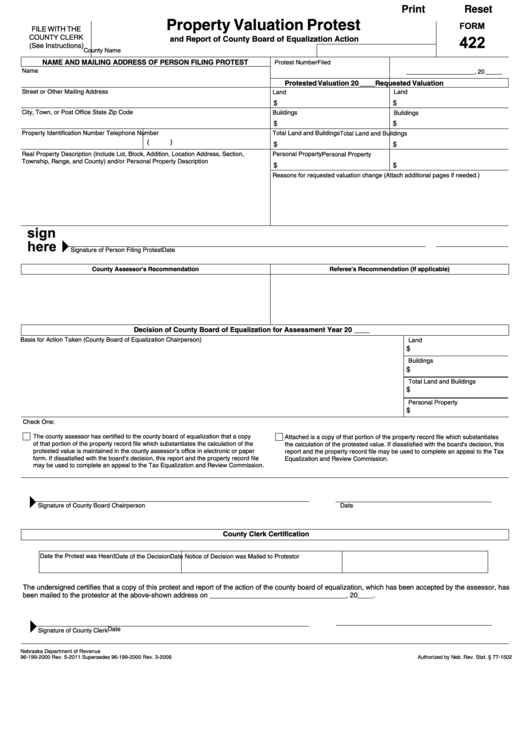 Fillable Form 422 - Property Valuation Protest And Report Of County Board Of Equalization Action Printable pdf