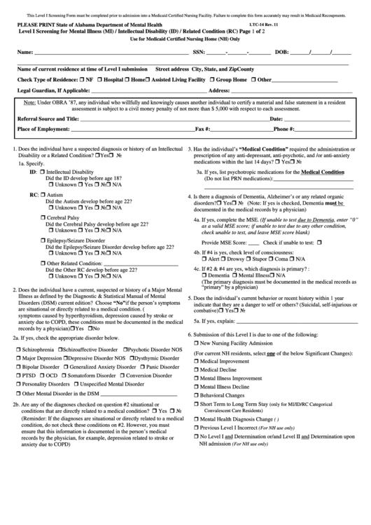 Ltc-14 - Level I Screening For Mental Illness (Mi) / Intellectual Disability (Id) / Related Condition (Rc) Printable pdf