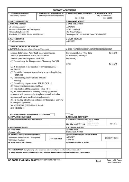 Dd Form 1144 Support Agreement printable pdf download