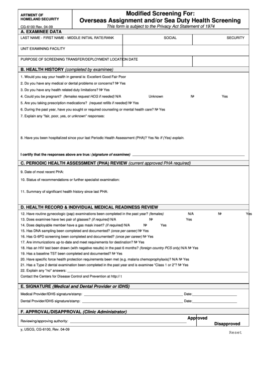 Fillable Modified Screening For Overseas Assignment And Or Sea Duty Health Printable pdf
