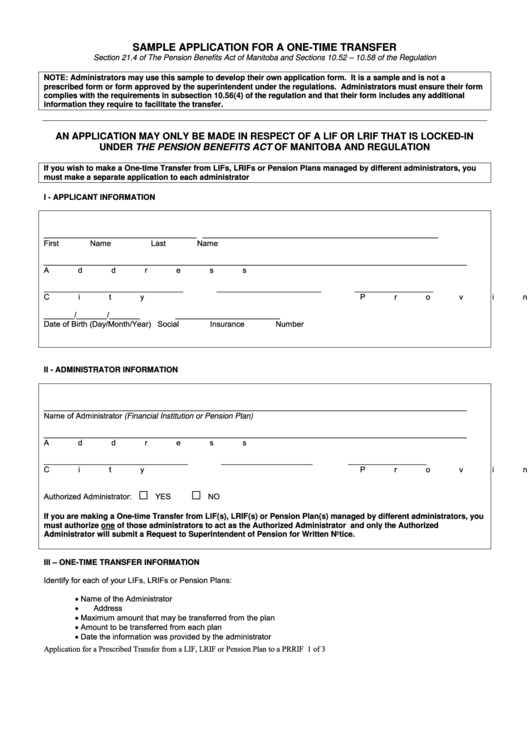Application For A One-Time Transfer - Province Of Manitoba Printable pdf