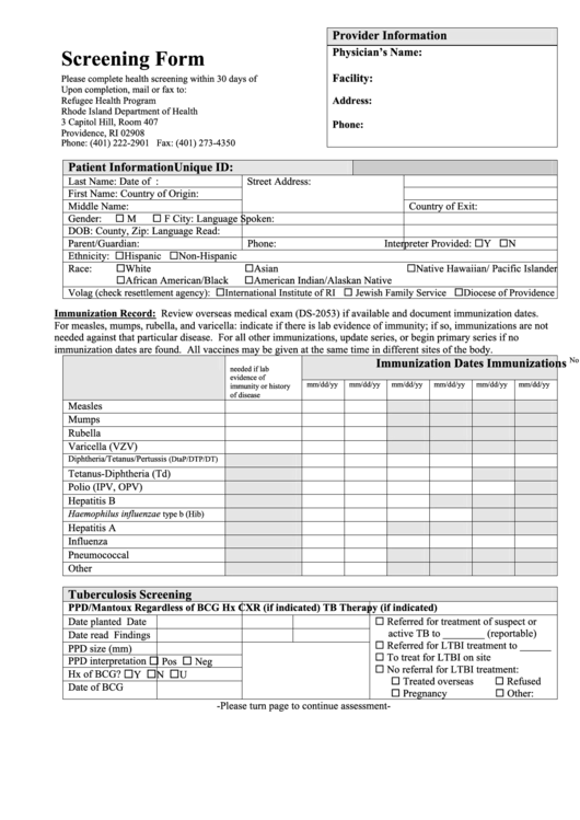 Ri Refugee Health Screening Form Department Of Health printable pdf