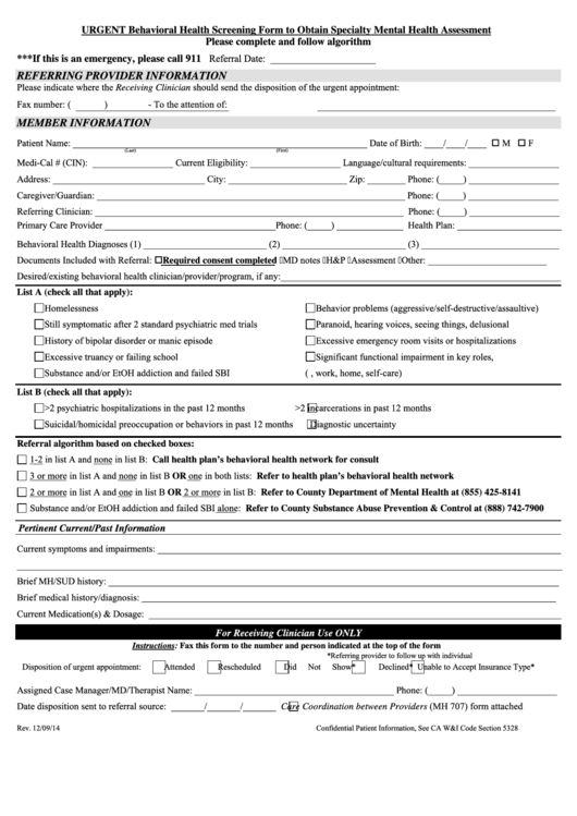 Urgent Behavioral Health Screening Form To Obtain Specialty Mental Health Assessment Template