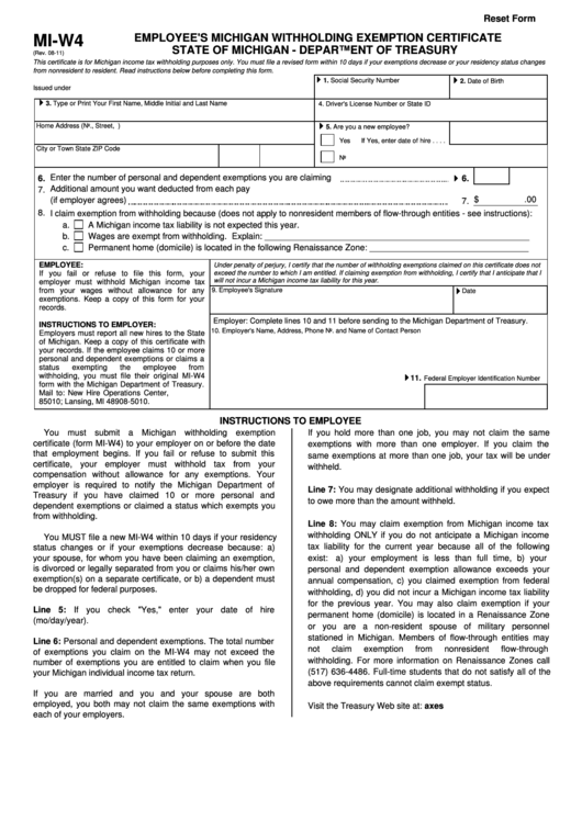 Form Mi-w4 - Employee's Michigan Withholding Exemption Certificate State Of Michigan - Department Of Treasury