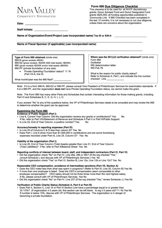 Form 990 Due Diligence Checklist Napa Valley Community Foundation Printable pdf