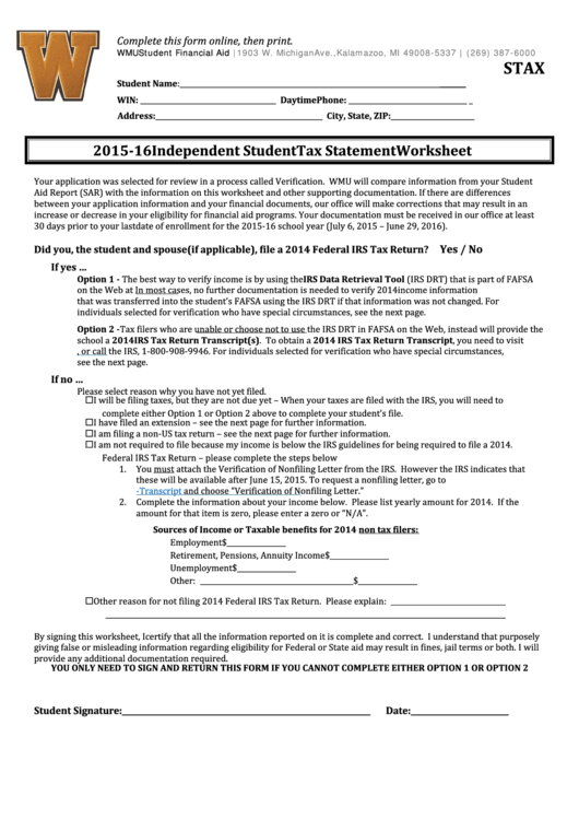 Fillable 2015-16 Independent Student Tax Statement Worksheet Template Printable pdf
