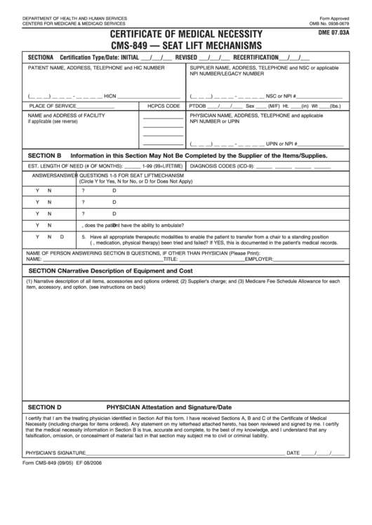 Form Cms-849 - Certificate Of Medical Necessity Cms849 Seat Lift Printable pdf