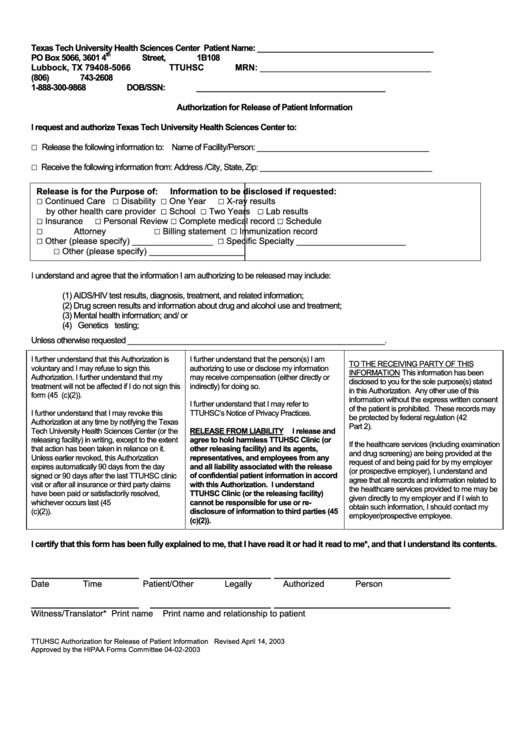 Authorization Form For Release Of Patient Information Printable pdf
