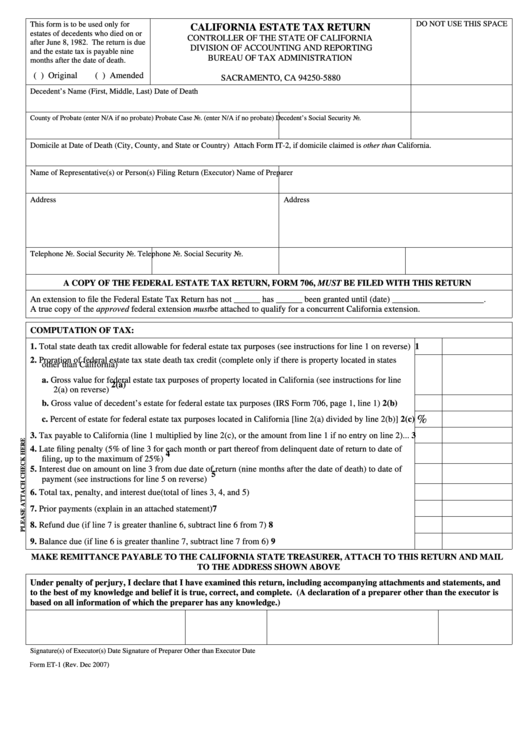 Fillable Form Et-1 - California Estate Tax Return California State Controllers Office 2007 Printable pdf