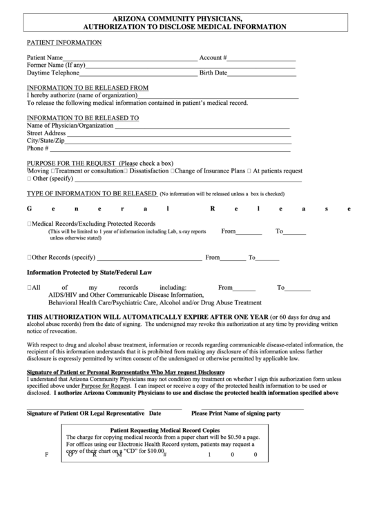 Medical Records Form - Arizona Community Physicians Printable pdf
