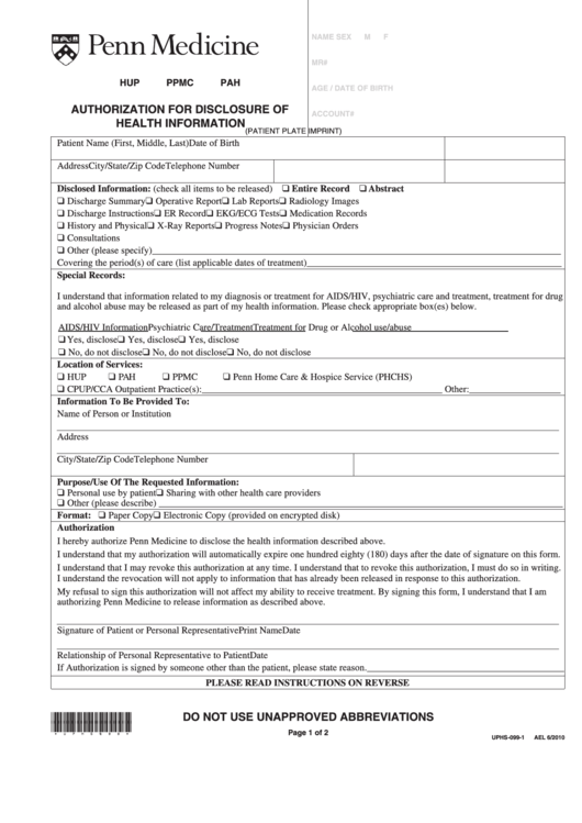 Medical Release Form Penn Medicine printable pdf download