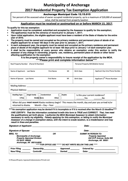 Residential Property Tax Exemption - Municipality Of Anchorage Printable pdf