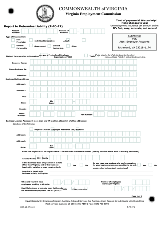 Fillable Report To Determine Liability (T-Fc-27) Printable pdf
