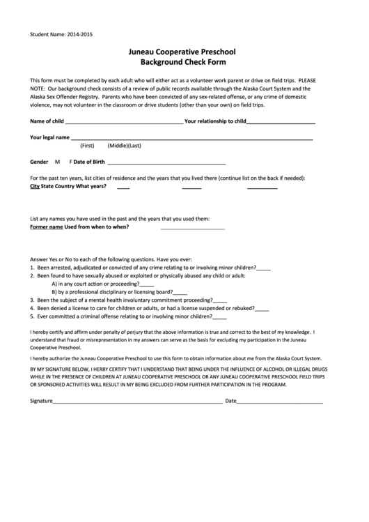 Juneau Cooperative Preschool Background Check Form