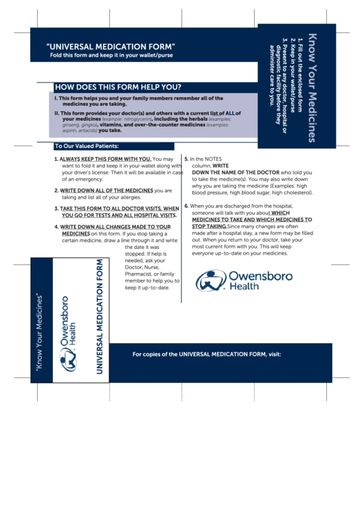 Universal Medication Form - Owensboro Health Printable pdf