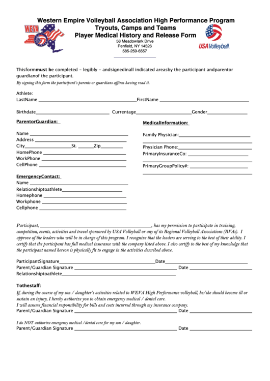 Weva Hp Medical Release Form - Western Empire Volleyball Printable pdf