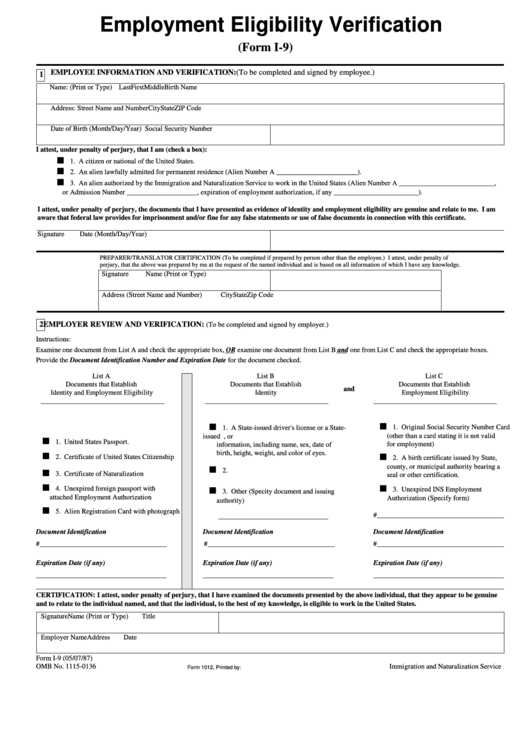 Employment Eligibility Verification Printable pdf