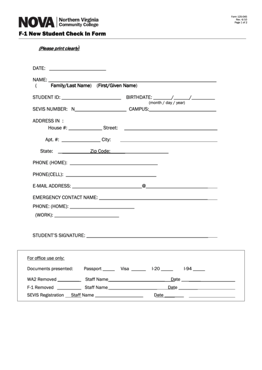 F-1 New Student Check In Form - Northern Virginia Community College Printable pdf