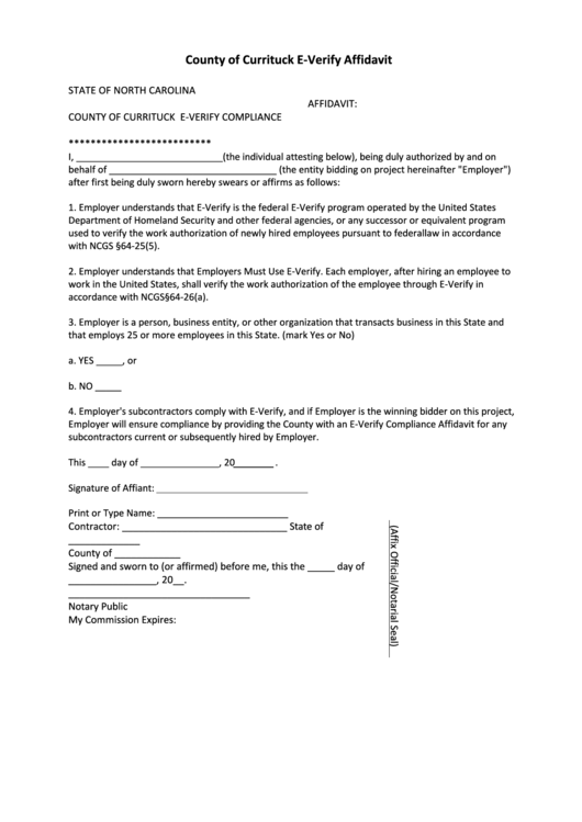 Fillable County Of Currituck E-Verify Affidavit Form Printable pdf