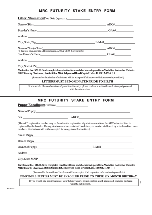 Mrc Futurity Stake Entry Form Printable pdf