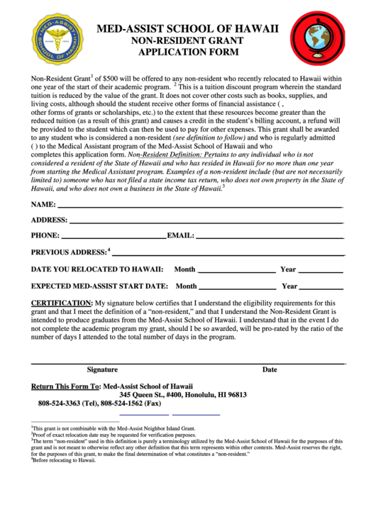 Med-Assist School Of Hawaii Non-Resident Grant Application Form Printable pdf