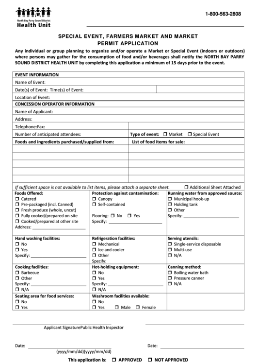 Special Event, Farmers Market And Market Permit Application Form Printable pdf