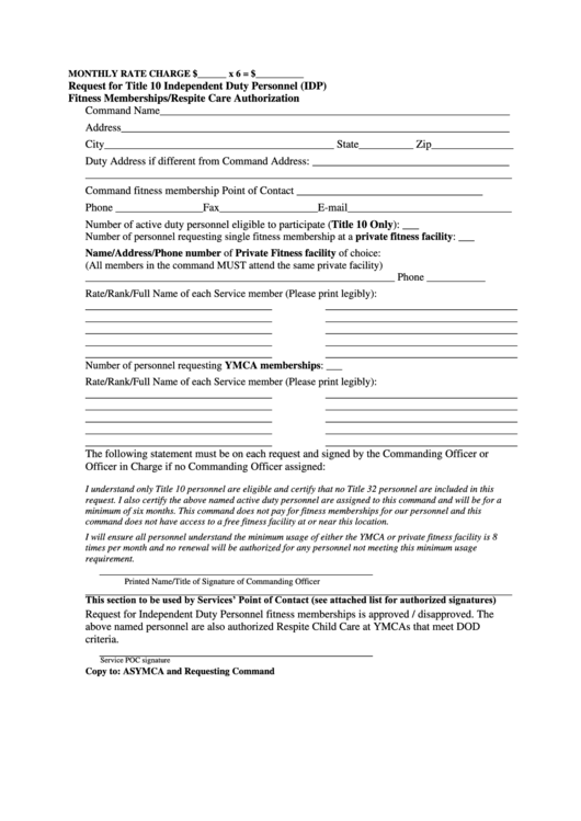 Request Form For Title 10 Independent Duty Personnel (idp) Fitness Memberships Respite Care Authorization