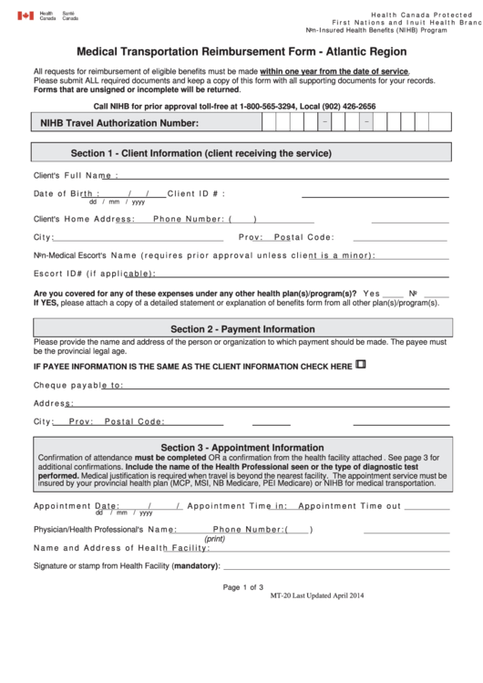 Fillable Form Mt-20 - Medical Transportation Reimbursement Form Printable pdf