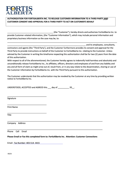 Authorization Form To Release Customer Information To A Third Party Printable pdf