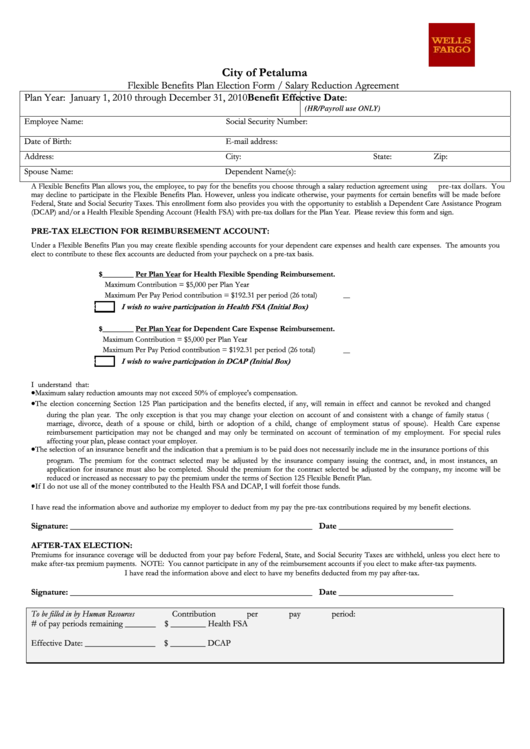 Wells Fargo - Flexible Benefits Plan Election Form / Salary Reduction Agreement Printable pdf