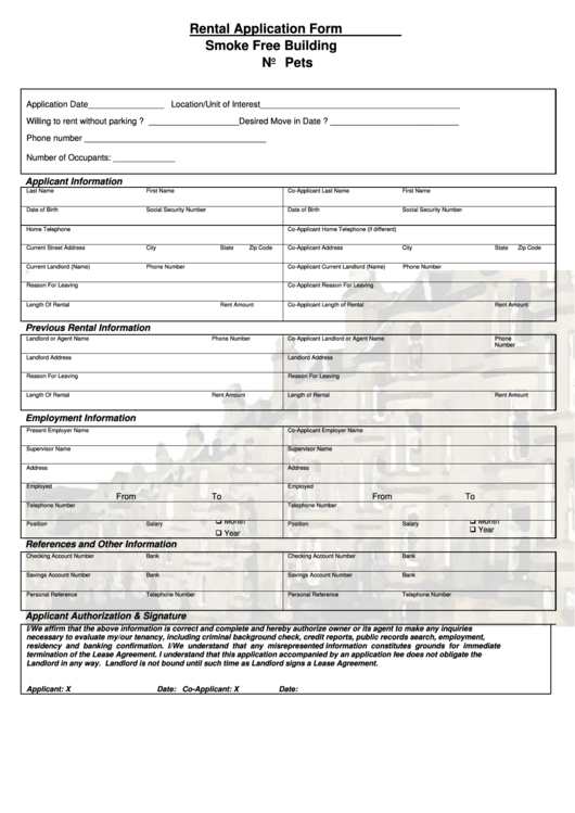 Rental Application Form Smoke Free Building No Pets Printable pdf