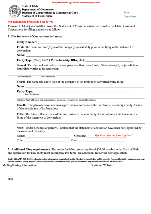 Fillable Statement Of Conversion Form - State Of Utah Department Of Commerce - 2014 Printable pdf