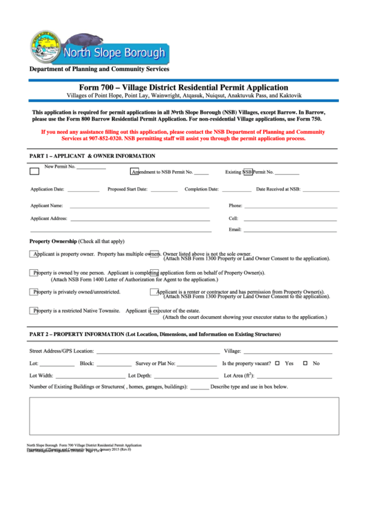 Fillable Form 700 - Village District Residential Permit Application Printable pdf