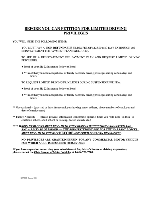 Petition For Limited Driving Privileges Printable pdf