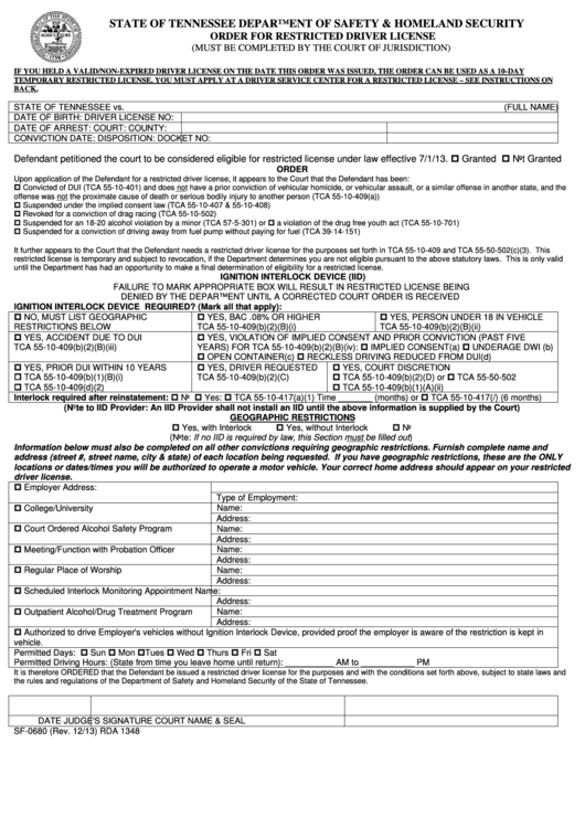 Fillable Form Sf-0680 - 2013 Order For Restricted Driver License Printable pdf