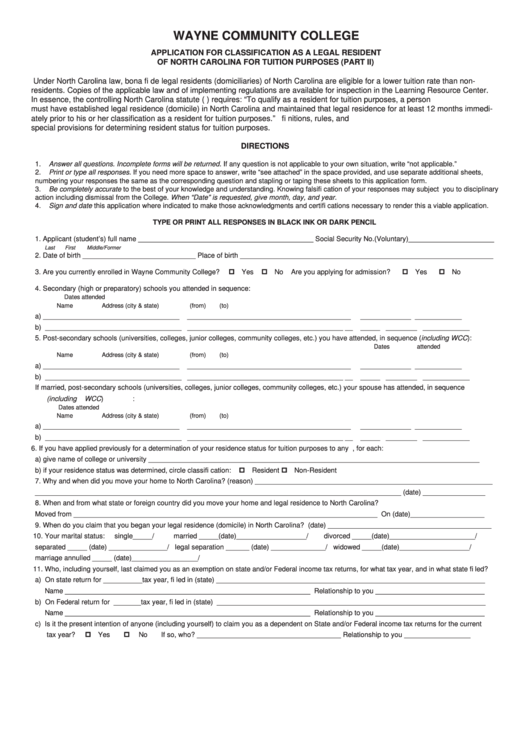 Fillable Application For Classification As A Legal Resident - Wayne Community College Printable pdf