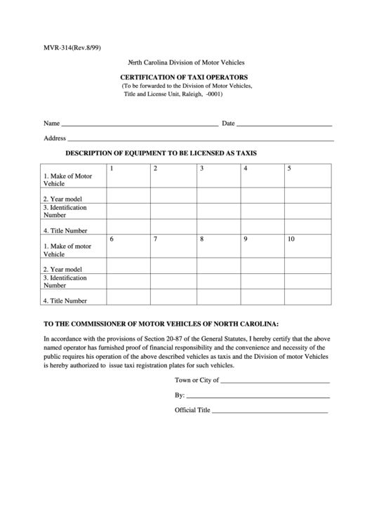 Form Mvr-314 - Certification Of Taxi Operators Printable pdf