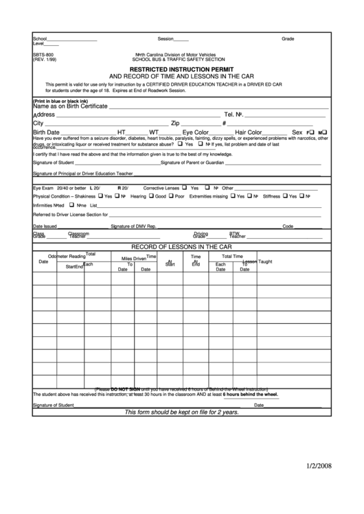Form Sbts-800 - Restricted Instruction Permit And Record Of Time And Lessons In The Car Printable pdf