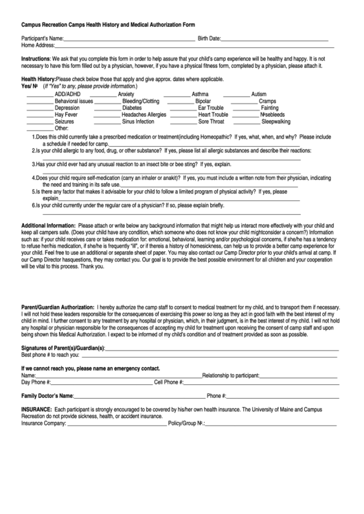 Campus Recreation Camps Health History And Medical Authorization Form Printable pdf