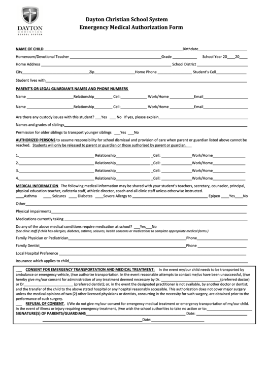 Dayton Christian School System Emergency Medical Authorization Form Printable pdf